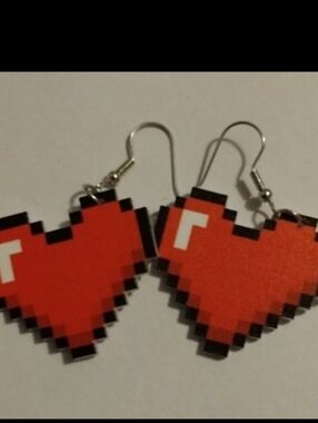 Pixel Heart Dangle Earrings - Red